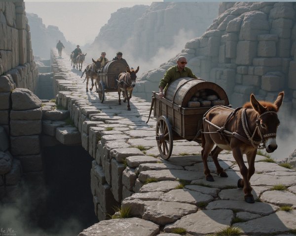 Travelers on Misty Stone Bridge with Wooden Carts