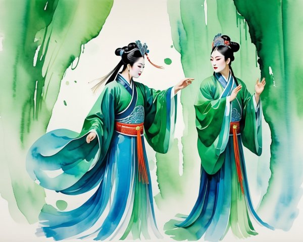 Elegant Women in Traditional Attire with Green Robes