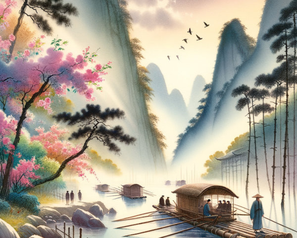 Serene Landscape with Cherry Blossoms and Mountains