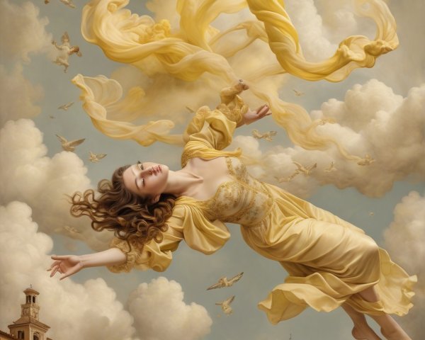 Woman in Yellow Gown Ascending Among Swirling Clouds