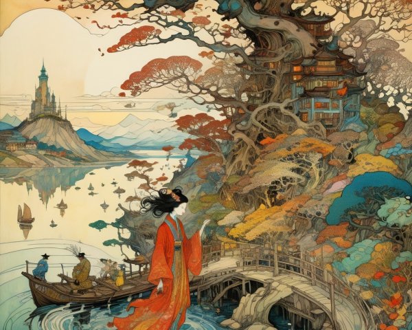 Serene Landscape with Kimono by Tranquil River