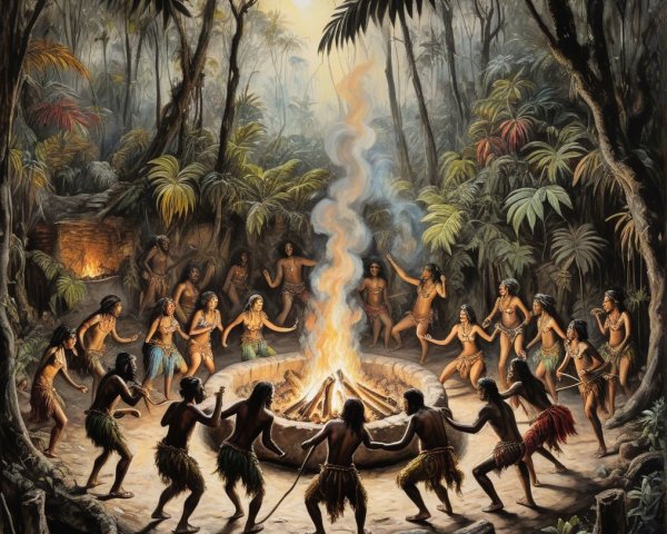 Indigenous People Celebrating Around a Bonfire in Jungle