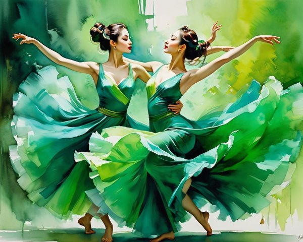 Elegant Dancers in Flowing Green Dresses and Background