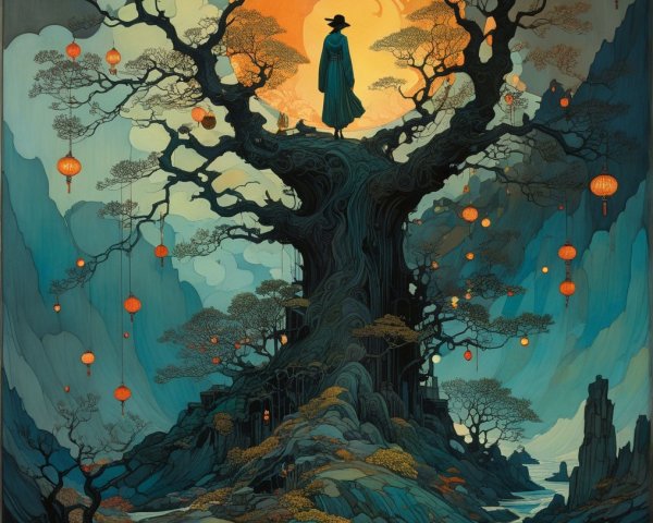 Mystical Landscape with Ancient Tree and Glowing Sun