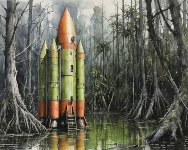 Vibrant Rocket in Serene Otherworldly Swamp Setting
