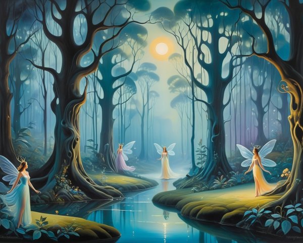 Ethereal Fairies Gather in Moonlit Forest Scene