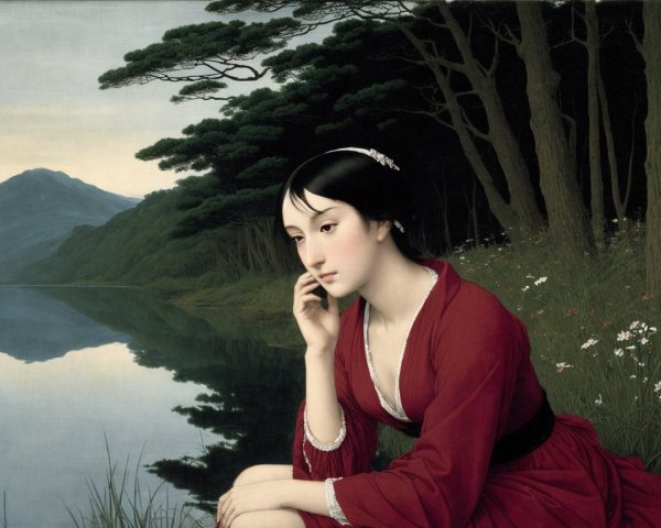 Young Woman in Red by a Tranquil Lake at Dusk