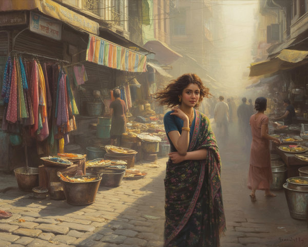 Vibrant Street Market with Colorful Textiles and Vendors