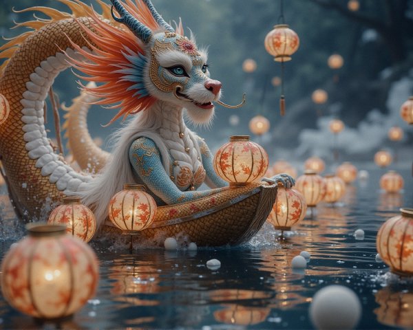 Fantastical Dragon-like Creature in Misty Waterway
