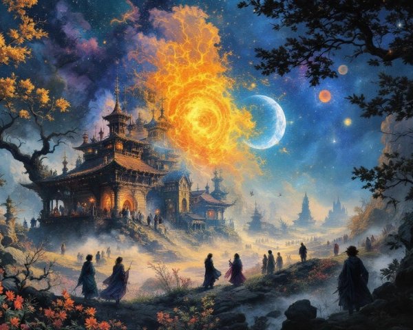 Fantastical Landscape with Cosmic Sky and Ethereal Figures