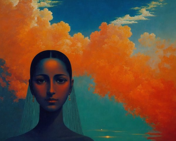 Contemplative Woman Against Dramatic Sky Background