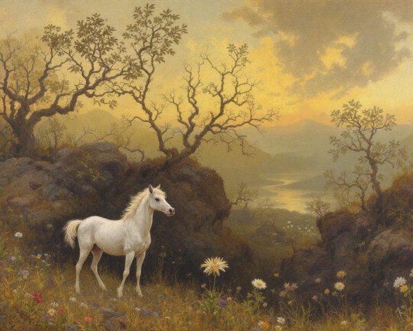 Serene Landscape with White Horse and Wildflowers