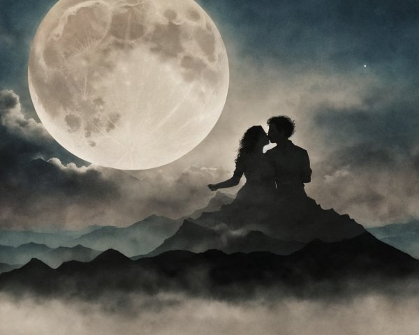 Couple Embracing Under a Full Moon and Clouds