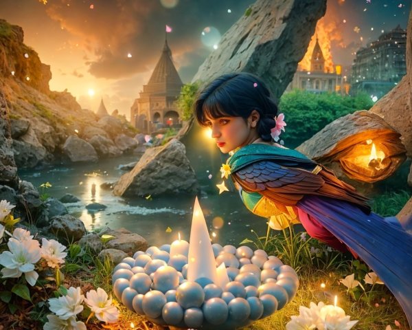 High-angle photo of a bird-woman by a canyon river