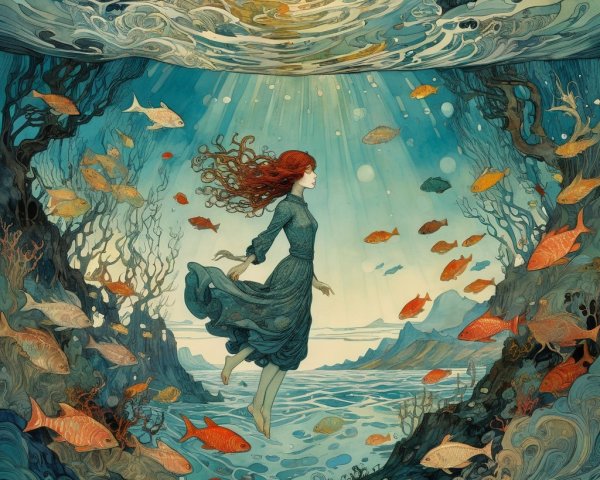 Surreal Underwater Scene with Girl and Marine Life