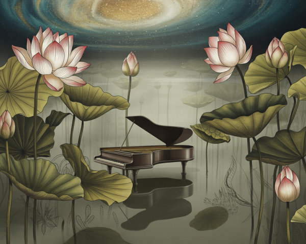 Serene Landscape with Piano and Cosmic Swirl