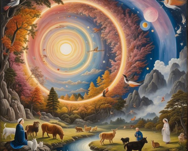 Surreal Landscape with Vibrant Colors and Cosmic Elements