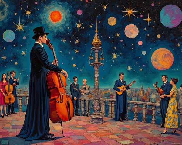 Cosmic Concert on Rooftop with Celestial Background