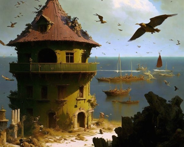 Whimsical Seaside Scene with Tower and Sailboats