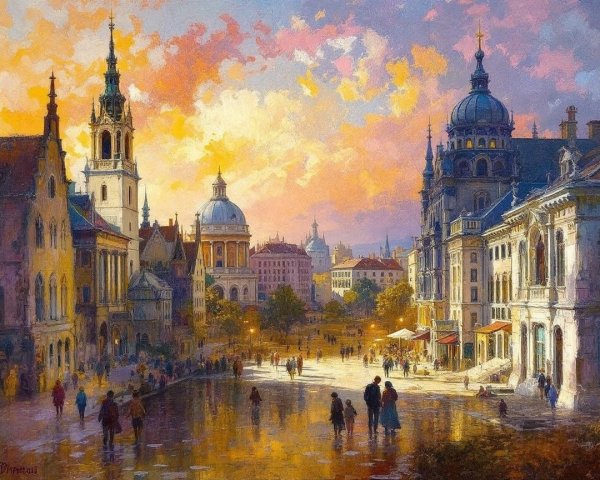 Twilight Cityscape with Enchanting Architecture and Reflections