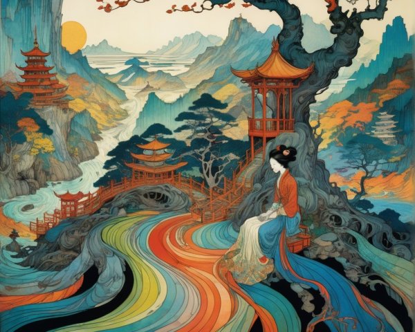 Serene landscape with woman by colorful river and pagodas
