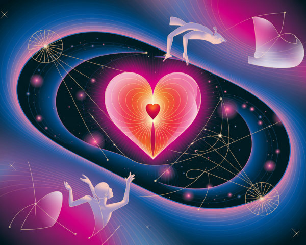 Vibrant Cosmic Scene with Luminous Heart and Figures