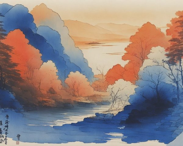 Serene Landscape with Tranquil River and Vibrant Colors