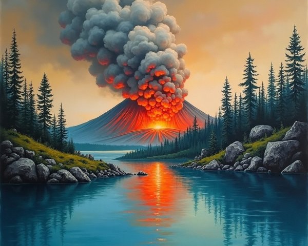 Vibrant Volcanic Eruption with Calm River Landscape