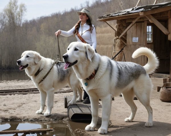 Young woman with dogs by a river and wooden cabin