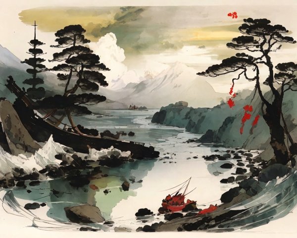 Serene Landscape with River, Mountains, and Shipwreck