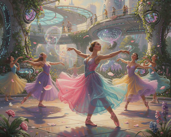 Ballet Dancers in Pastel Dresses Amidst Futuristic City