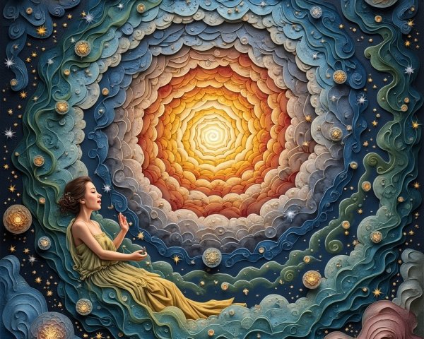 Serene Woman Surrounded by Blue and Gold Swirls