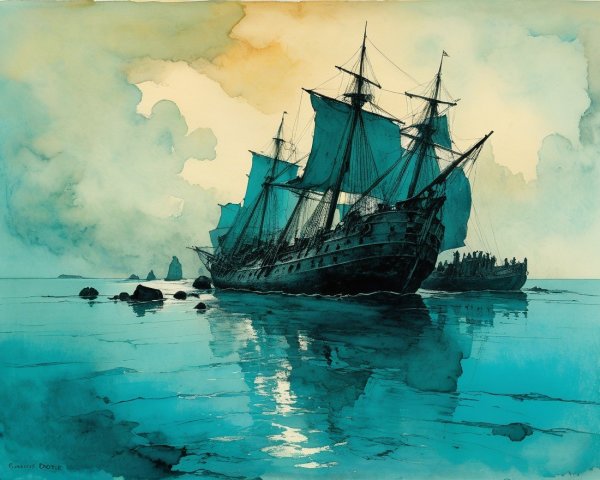 Majestic Sailing Ship on Tranquil Waters at Sunset