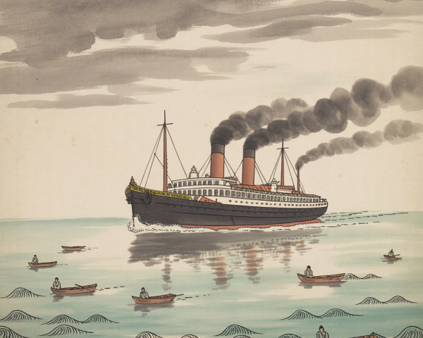 Vintage Illustration of a Steamship and Smaller Boats