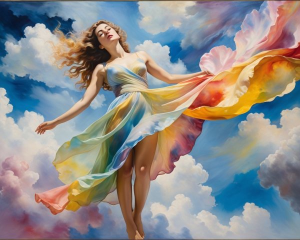 Ethereal Woman in Multicolored Dress Among Clouds