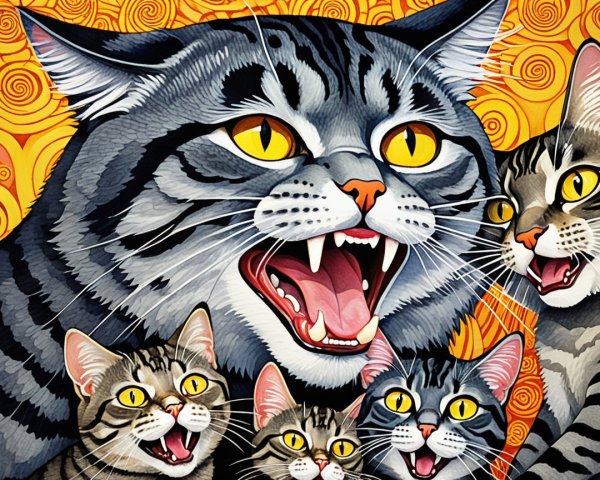 Colorful Illustration of Multiple Playful Tabby Cats