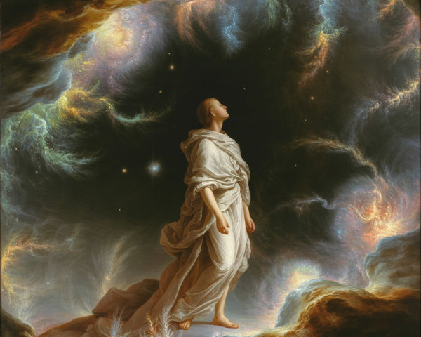 Serene Figure in Cosmic Landscape with Celestial Colors