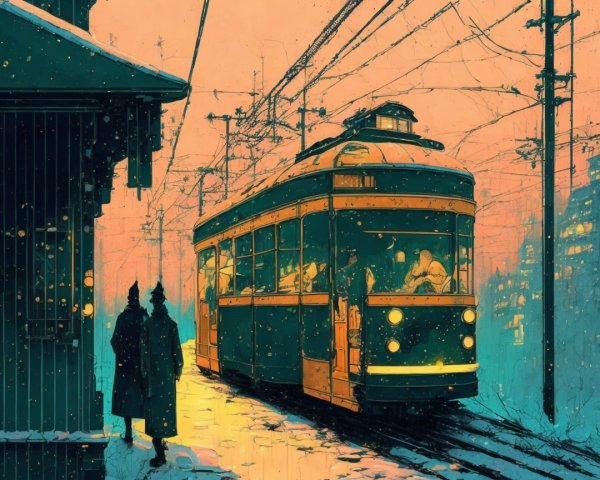 Retro Streetcar in Snowy Urban Landscape at Dusk