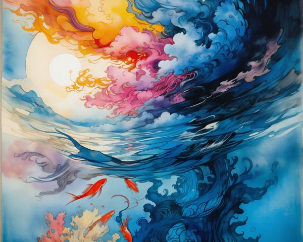 Surreal Seascape with Waves and Goldfish Elements