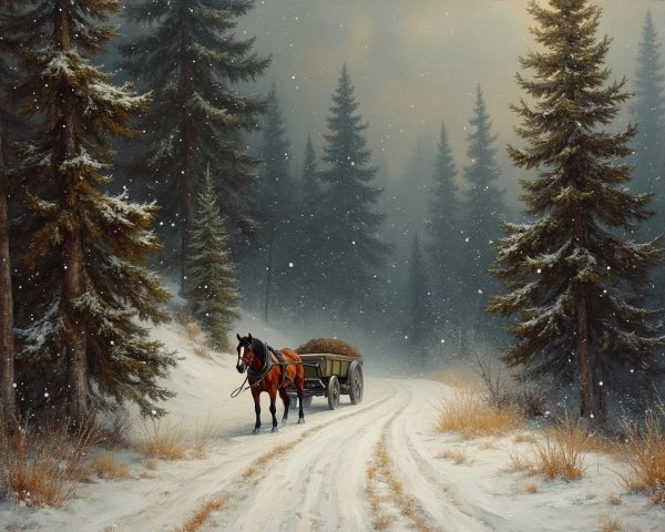 Winter Scene with Horse and Cart on Snowy Path