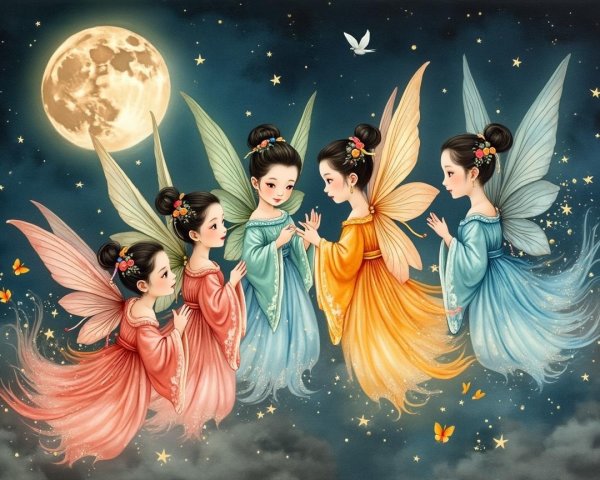 Whimsical Fairies in Colorful Gowns Under a Starry Sky