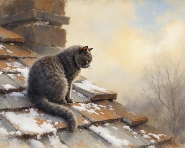 Gray Cat on Snow-Dusted Rooftop in Winter Landscape
