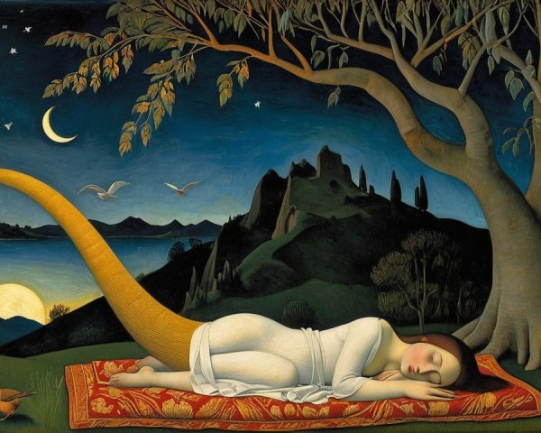 Serene Landscape with Woman Sleeping Under Moonlight