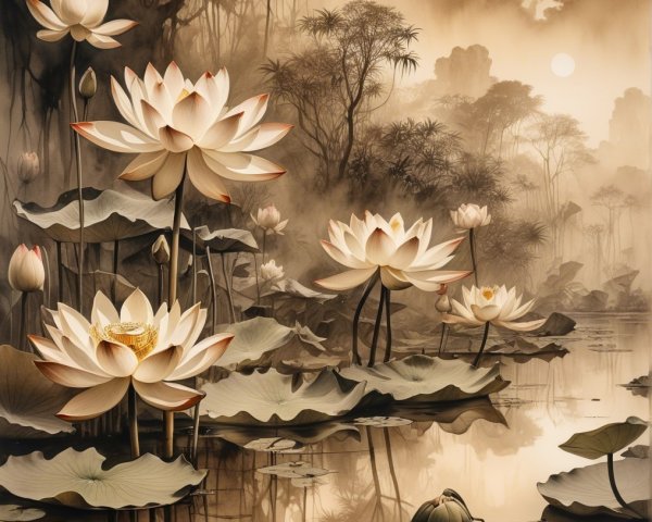 Serene Lotus Flowers in a Tranquil Pond Landscape