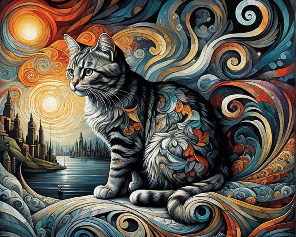 Stylized Cat Against Colorful Swirling Backdrop
