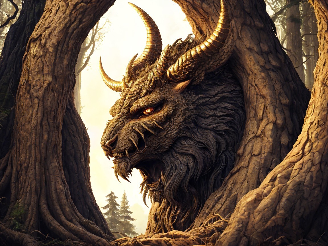 Majestic mythical creature in a mystical forest setting