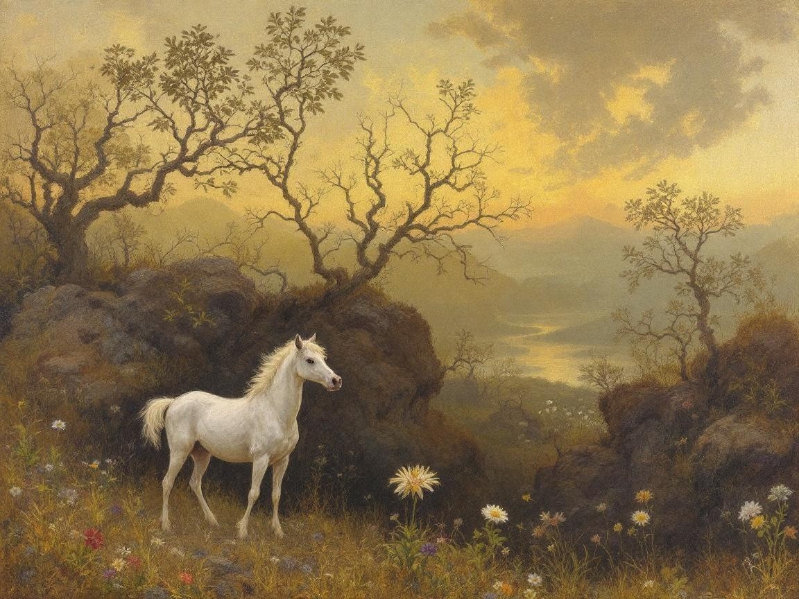 Serene Landscape with White Horse and Wildflowers