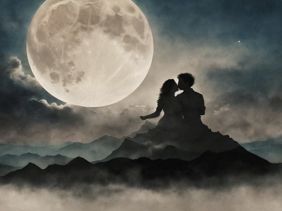 Couple Embracing Under a Full Moon and Clouds