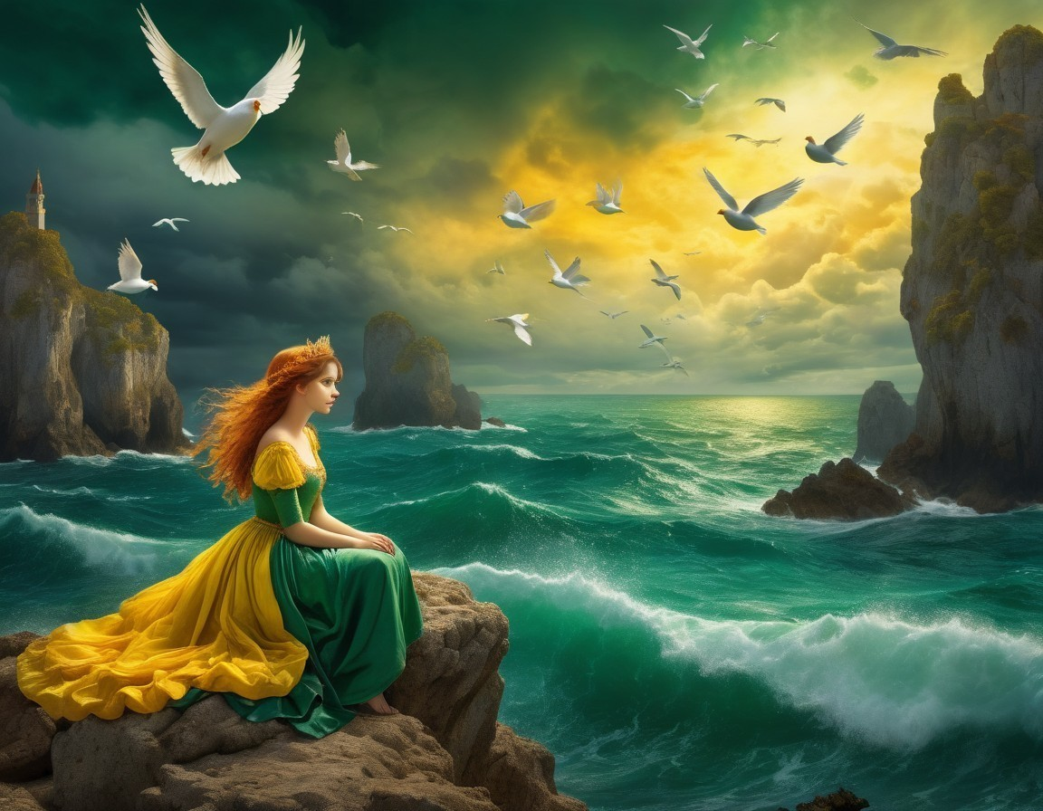 Young Woman in Dress by Cliffs and Sea Landscape