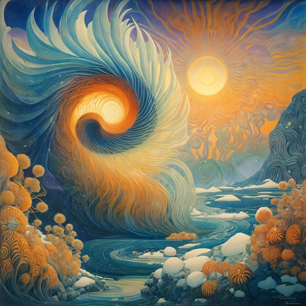 Vibrant Color Swirl with Sunlit Landscape Elements